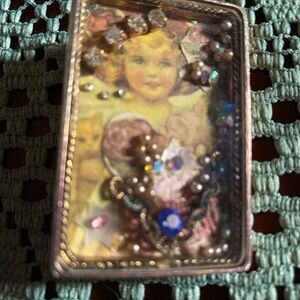 Vintage Shadow Box Brooch w Beaded Glass Front 2 inches